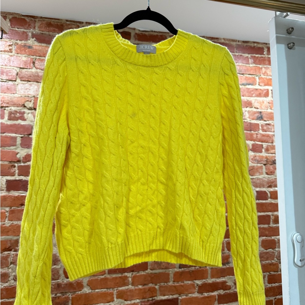 J. Crew Bright Yellow Cable-Knit Cashmere Crewneck Sweater